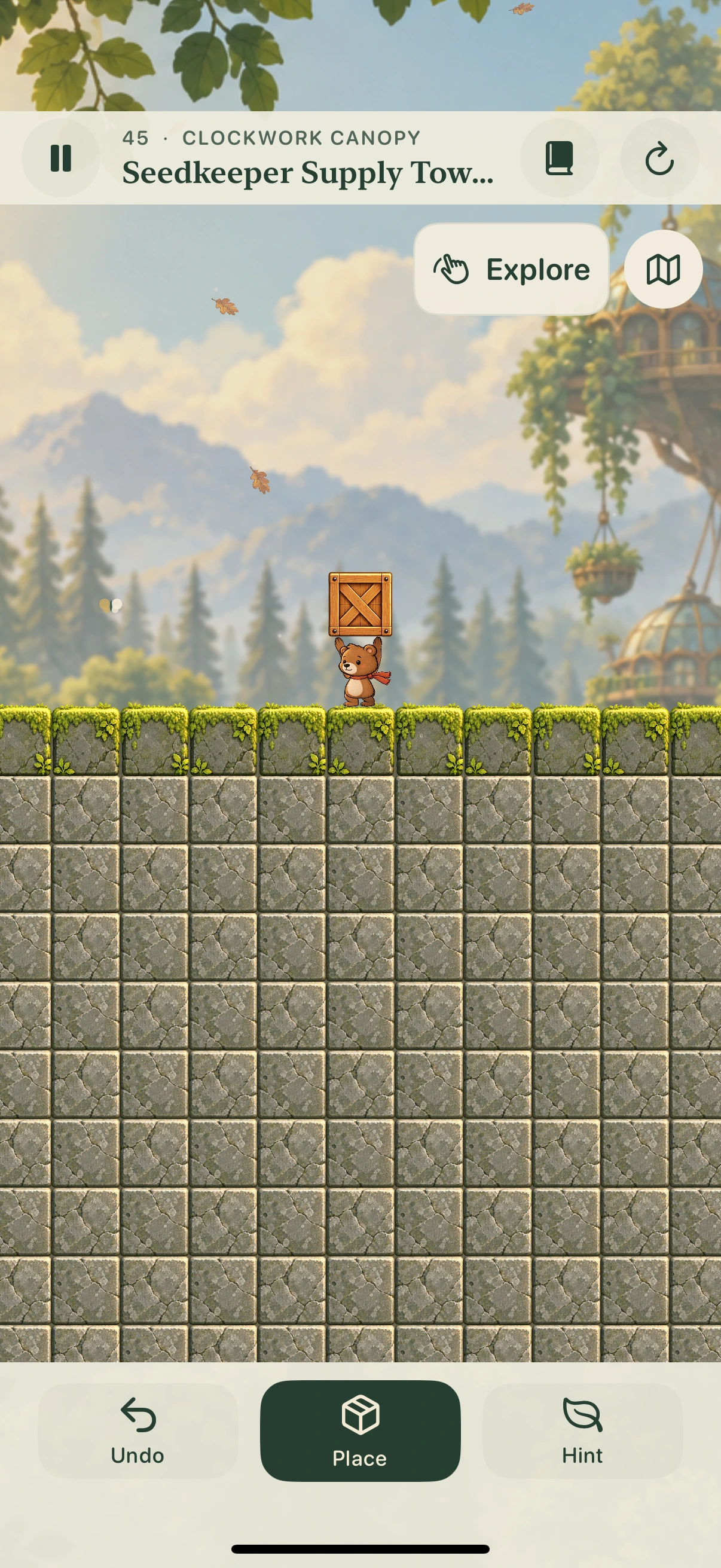 Clockwork Canopy gameplay with painted stone platforms, brass gates and pressure plates.